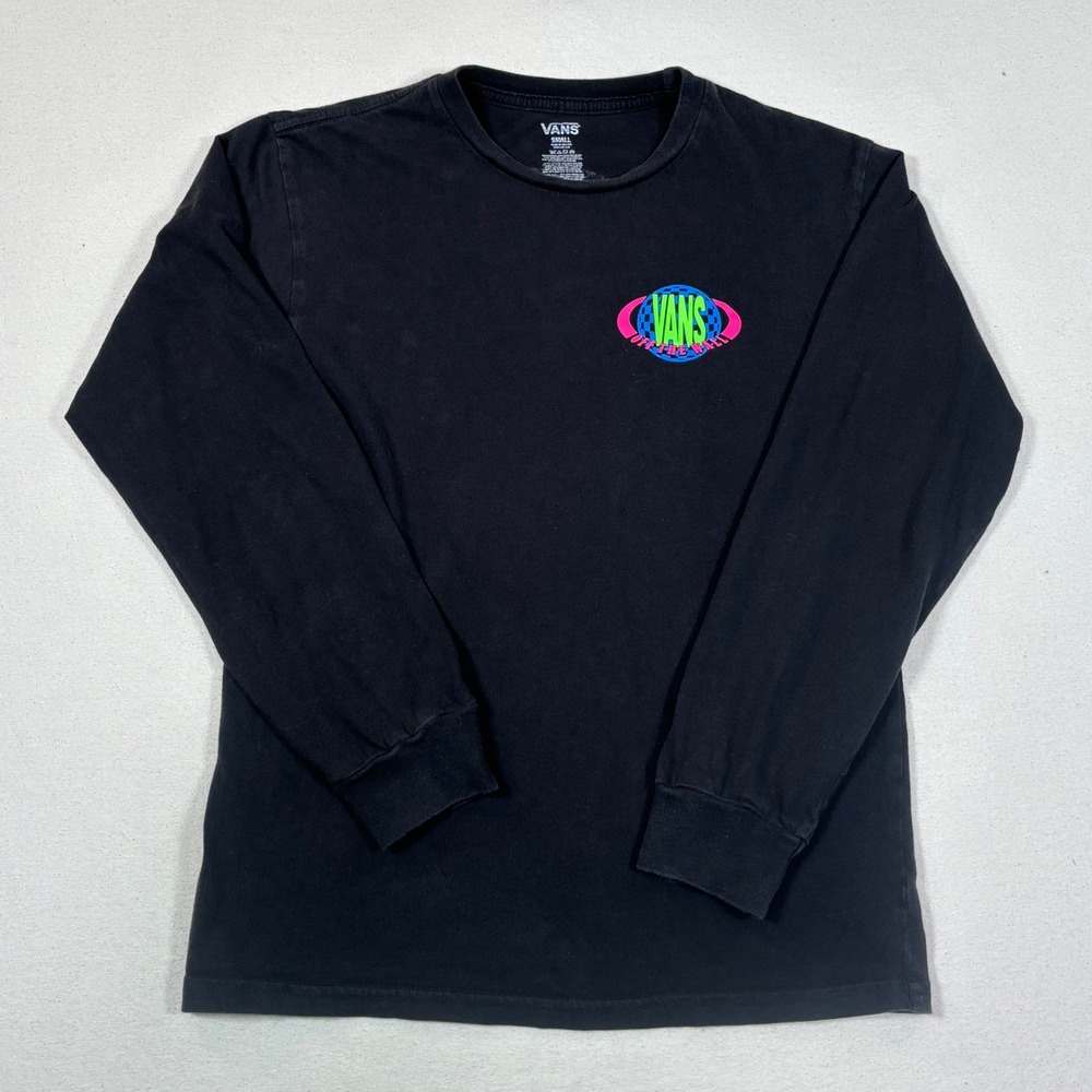 Vans Off The Wall Long Sleeve Graphic T-Shirt Mens Small Black Neon Globe Logo